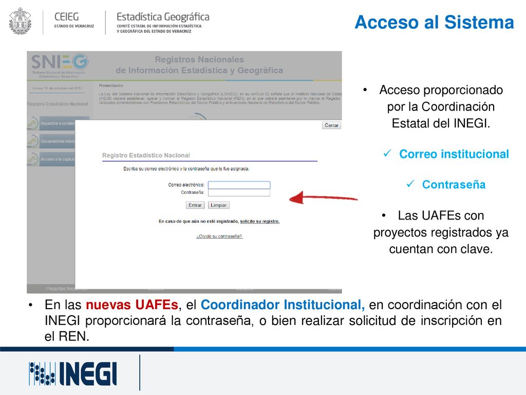 Acceso al Sistema Acceso proporcionado por la Coordinación Estatal del INEGI. Correo institucional.