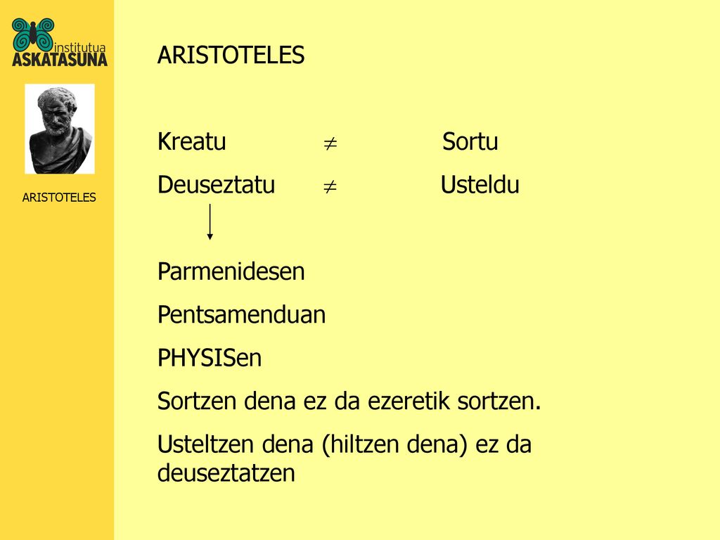 ARISTOTELES Kreatu  Sortu. Deuseztatu  Usteldu. Parmenidesen.