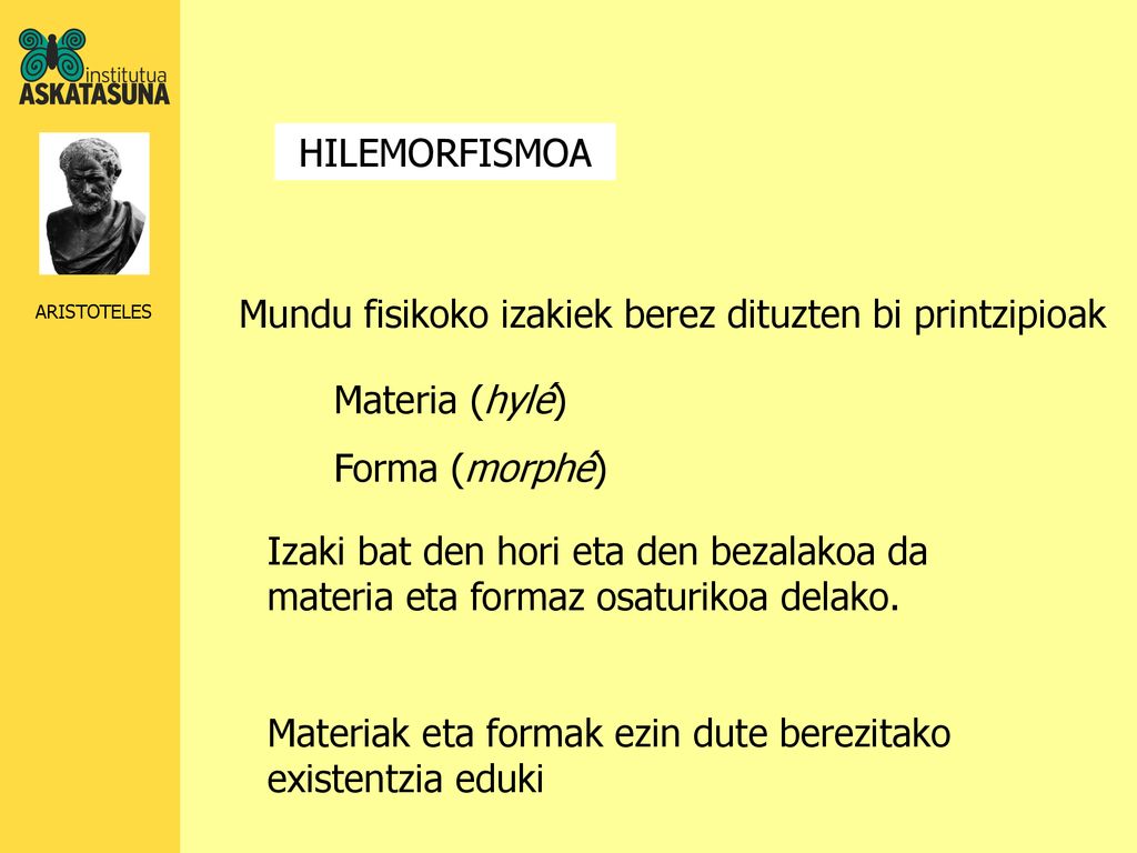 HILEMORFISMOA Mundu fisikoko izakiek berez dituzten bi printzipioak. Materia (hylé) Forma (morphé)