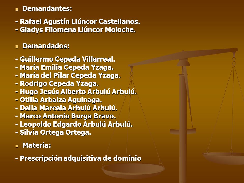Demandantes: - Rafael Agustín Llúncor Castellanos. - Gladys Filomena Llúncor Moloche. Demandados: