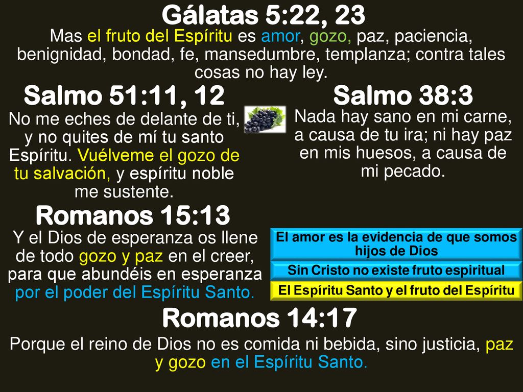 Gálatas 5:22, 23 Salmo 51:11, 12 Salmo 38:3 Romanos 15:13