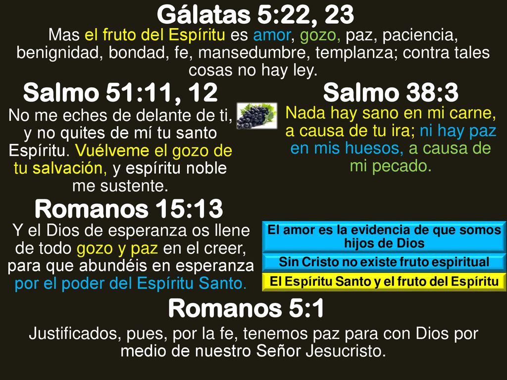 Gálatas 5:22, 23 Salmo 51:11, 12 Salmo 38:3 Romanos 15:13 Romanos 5:1