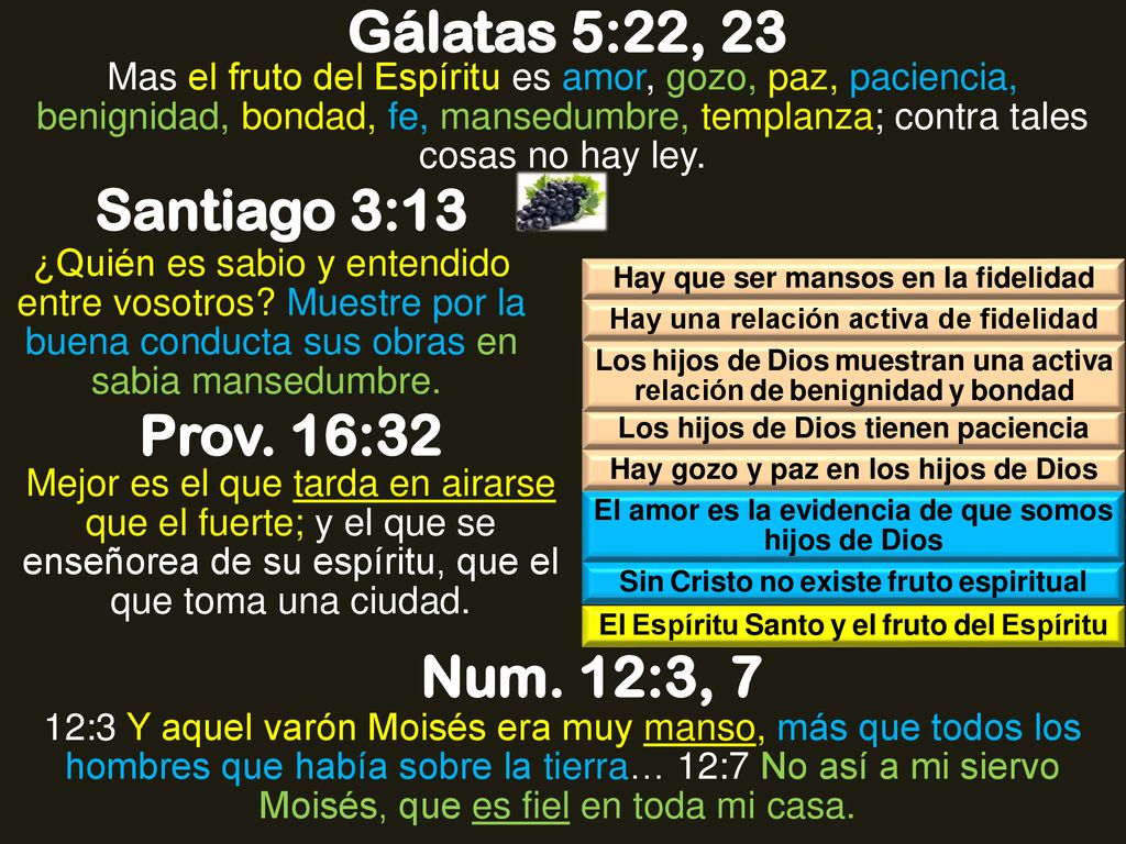 Gálatas 5:22, 23 Santiago 3:13 Prov. 16:32 Num. 12:3, 7