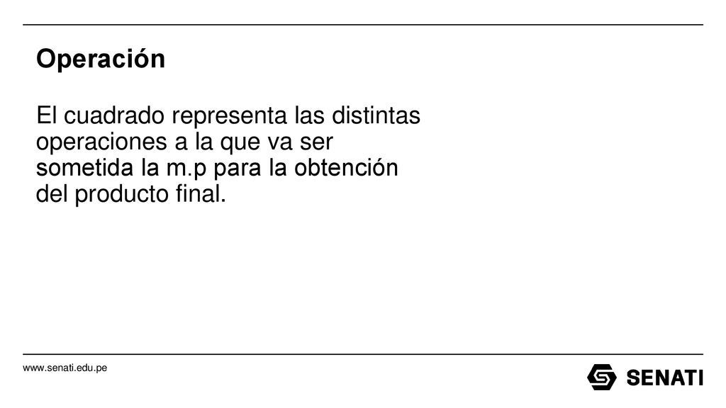 Operación El cuadrado representa las distintas operaciones a la que va ser sometida la m.p para la obtención del producto final.