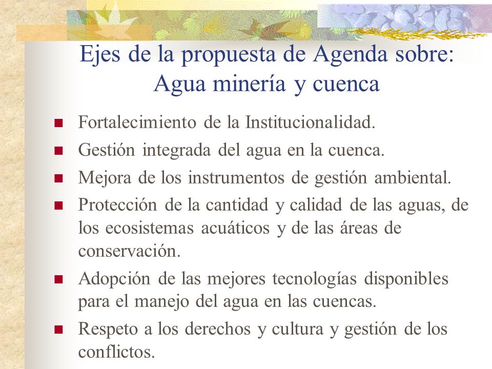 Ejes de la propuesta de Agenda sobre: Agua minería y cuenca