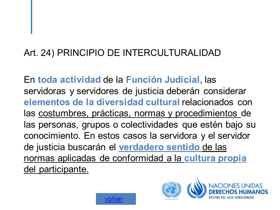 Art. 24) PRINCIPIO DE INTERCULTURALIDAD En toda actividad de la Función Judicial, las servidoras y servidores de justicia deberán considerar elementos de la diversidad cultural relacionados con las costumbres, prácticas, normas y procedimientos de las personas, grupos o colectividades que estén bajo su conocimiento. En estos casos la servidora y el servidor de justicia buscarán el verdadero sentido de las normas aplicadas de conformidad a la cultura propia del participante.