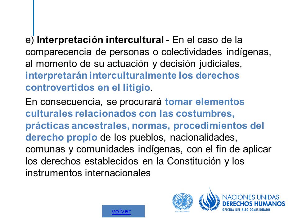 e) Interpretación intercultural - En el caso de la comparecencia de personas o colectividades indígenas, al momento de su actuación y decisión judiciales, interpretarán interculturalmente los derechos controvertidos en el litigio. En consecuencia, se procurará tomar elementos culturales relacionados con las costumbres, prácticas ancestrales, normas, procedimientos del derecho propio de los pueblos, nacionalidades, comunas y comunidades indígenas, con el fin de aplicar los derechos establecidos en la Constitución y los instrumentos internacionales