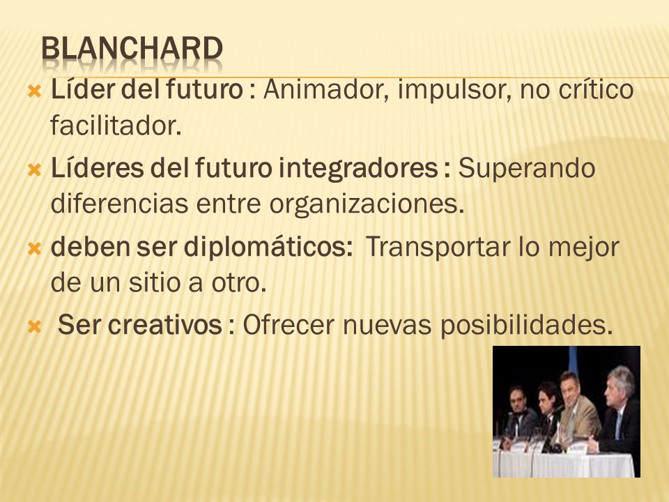 Blanchard Líder del futuro : Animador, impulsor, no crítico facilitador.