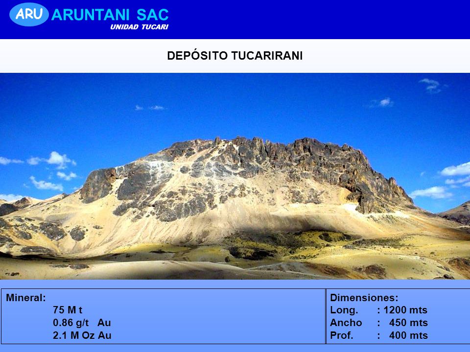 ARUNTANI SAC ARU DEPÓSITO TUCARIRANI Mineral: 75 M t 0.86 g/t Au