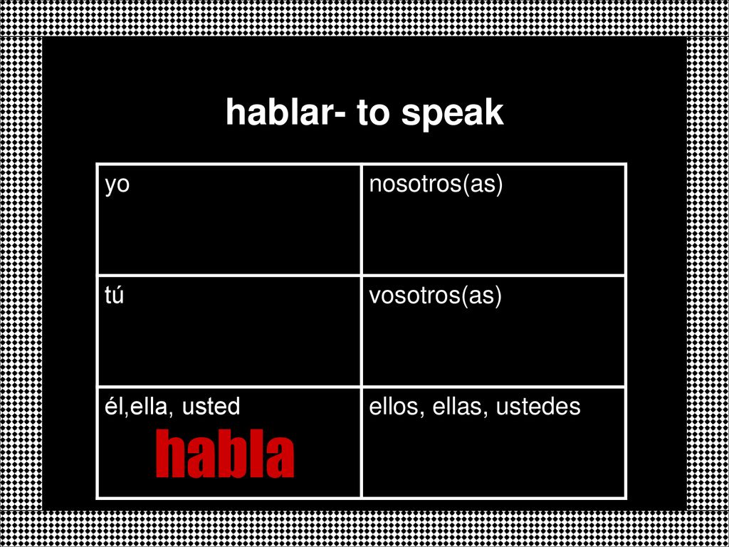habla hablar- to speak yo nosotros(as) tú vosotros(as) él,ella, usted