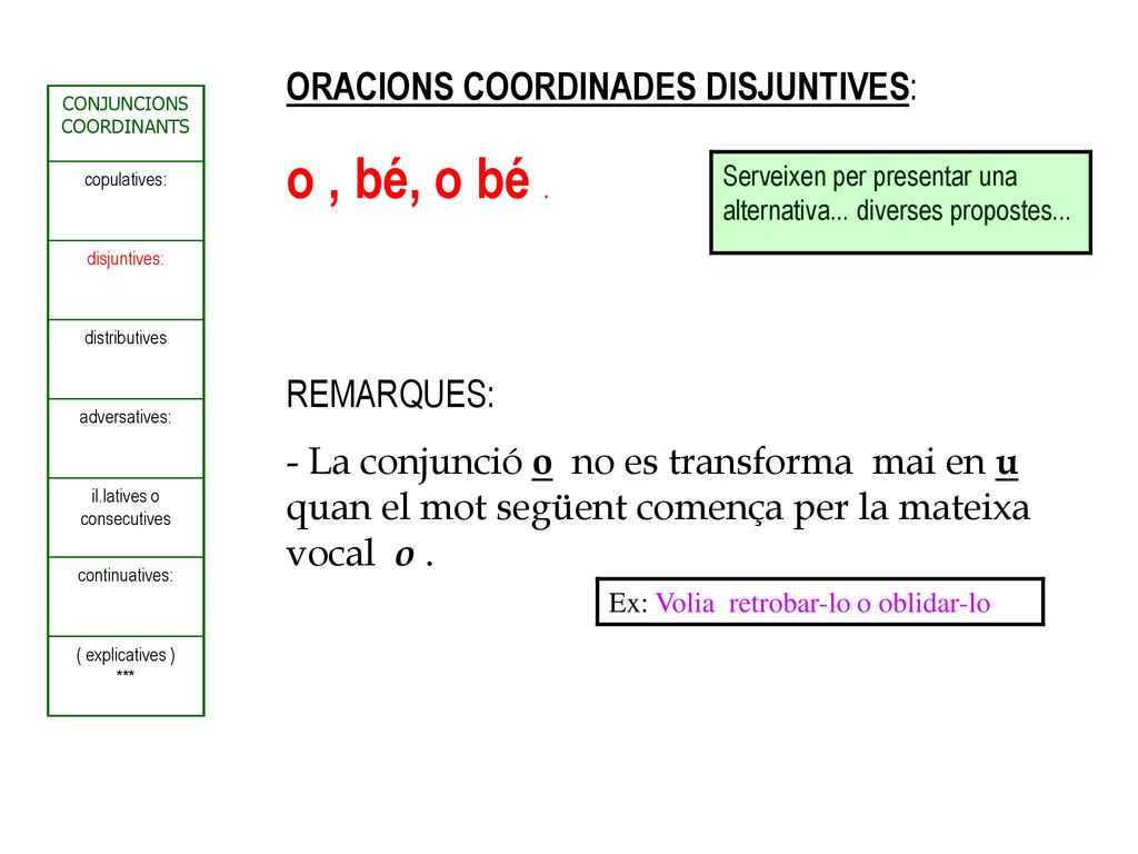 o , bé, o bé . ORACIONS COORDINADES DISJUNTIVES: REMARQUES: