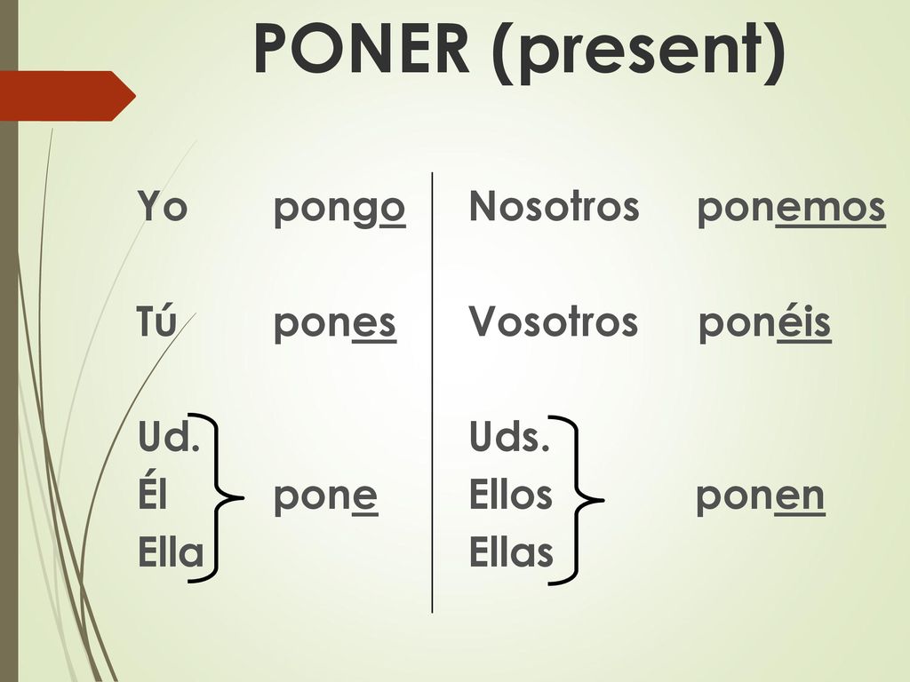 PONER (present) Yo pongo Tú pones Ud. Él pone Ella