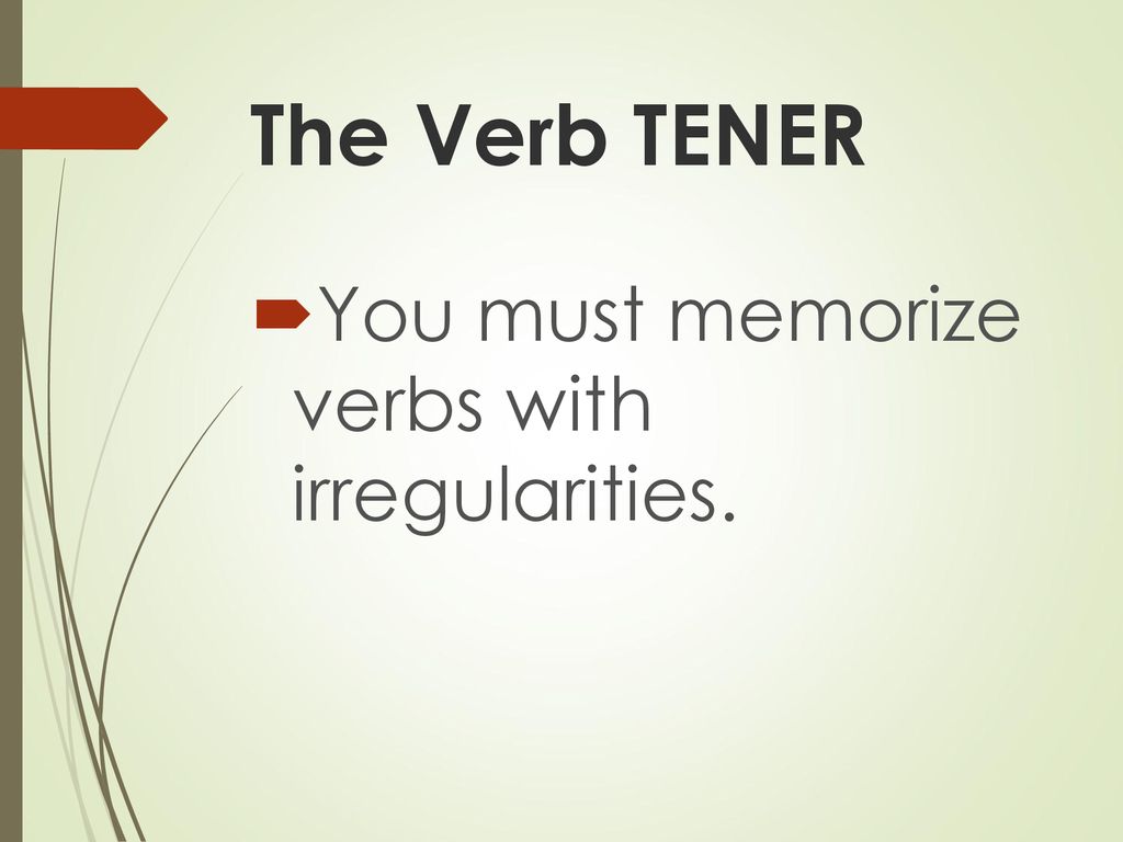 The Verb TENER You must memorize verbs with irregularities.