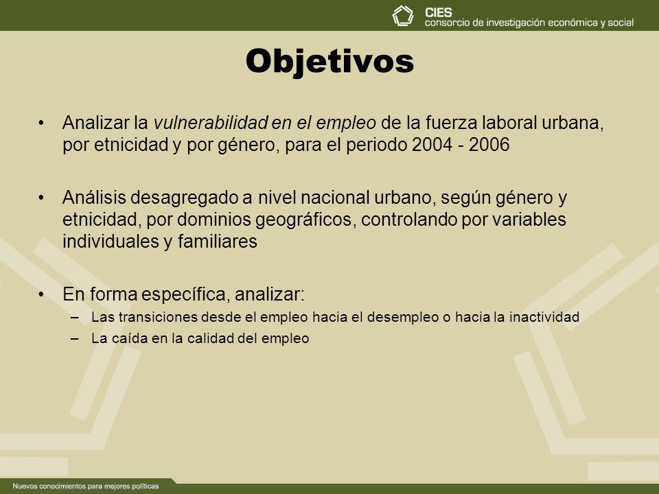 Objetivos Analizar la vulnerabilidad en el empleo de la fuerza laboral urbana, por etnicidad y por género, para el periodo