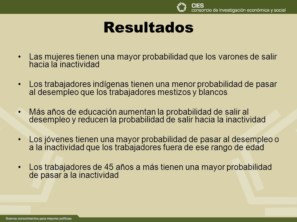 Resultados Las mujeres tienen una mayor probabilidad que los varones de salir hacia la inactividad.