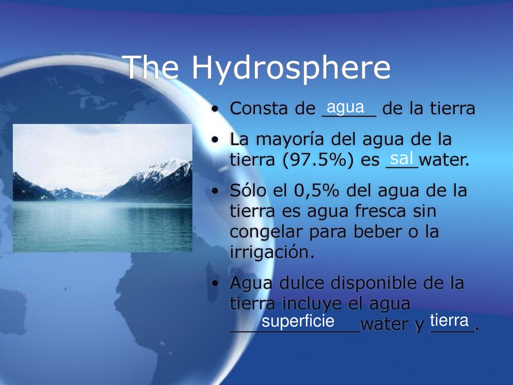 The Hydrosphere Consta de _____ de la tierra agua