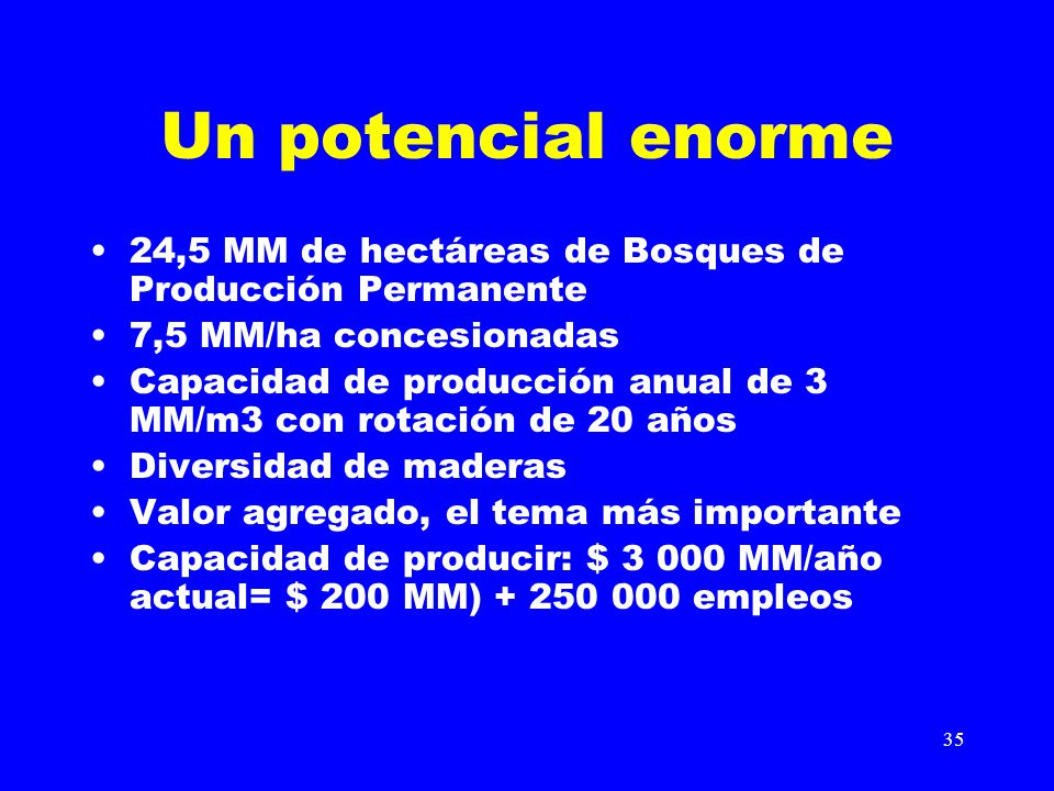 Un potencial enorme 24,5 MM de hectáreas de Bosques de Producción Permanente. 7,5 MM/ha concesionadas.