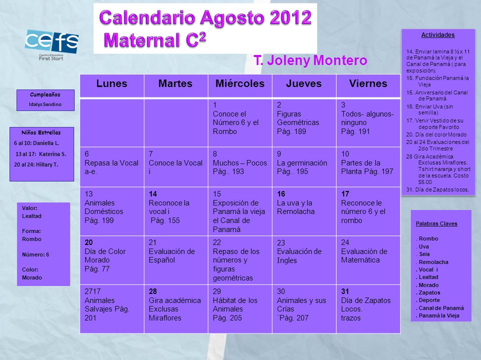 Calendario Agosto 2012 Maternal C2 T. Joleny Montero Lunes Martes