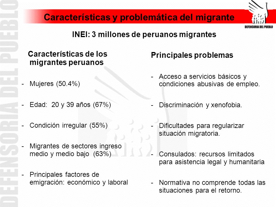 Características y problemática del migrante INEI: 3 millones de peruanos migrantes