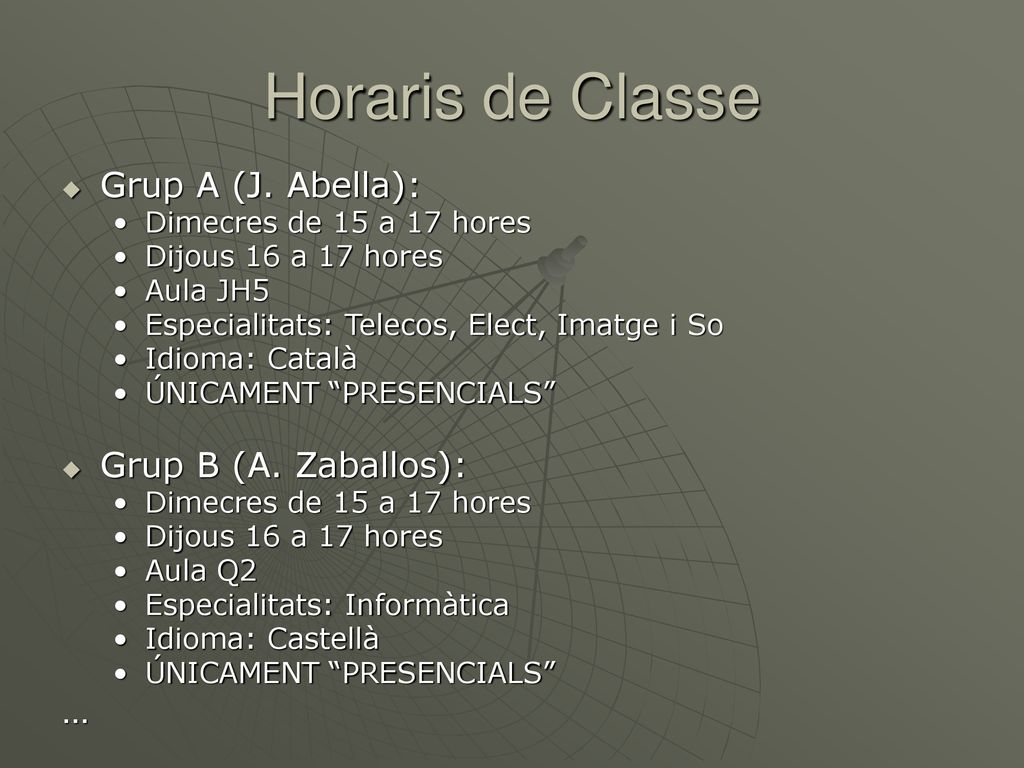 Horaris de Classe Grup A (J. Abella): Grup B (A. Zaballos): …