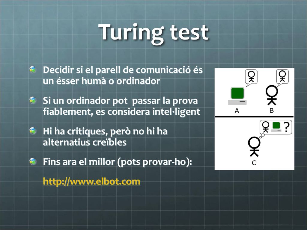 Turing test Decidir si el parell de comunicació és un ésser humà o ordinador.