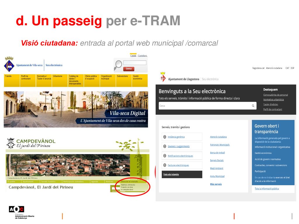 d. Un passeig per e-TRAM Visió ciutadana: entrada al portal web municipal /comarcal