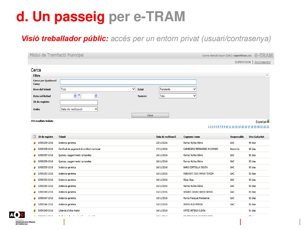 d. Un passeig per e-TRAM Visió treballador públic: accés per un entorn privat (usuari/contrasenya)