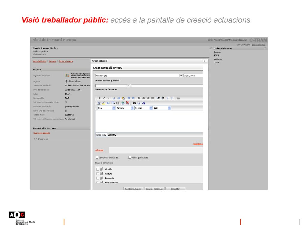 Visió treballador públic: accés a la pantalla de creació actuacions