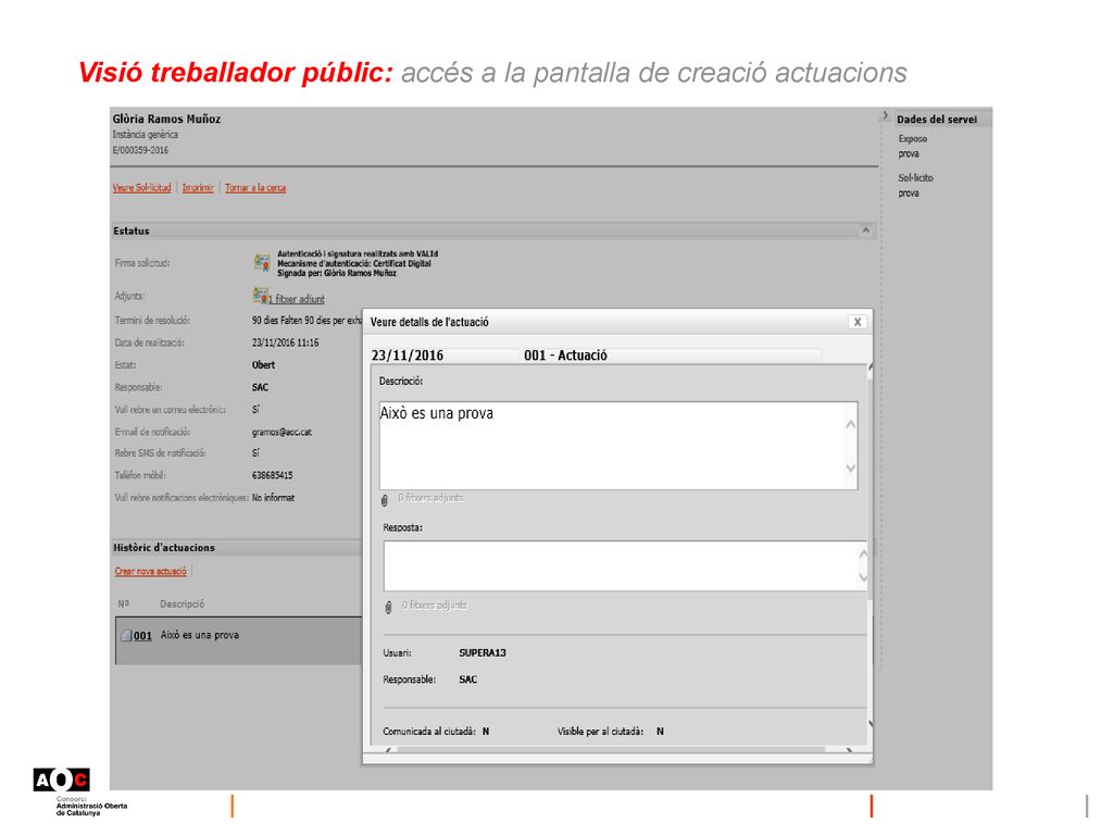 Visió treballador públic: accés a la pantalla de creació actuacions