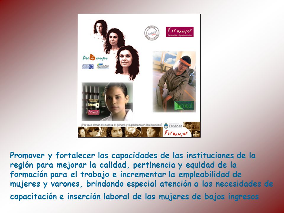 Promover y fortalecer las capacidades de las instituciones de la región para mejorar la calidad, pertinencia y equidad de la formación para el trabajo e incrementar la empleabilidad de mujeres y varones, brindando especial atención a las necesidades de capacitación e inserción laboral de las mujeres de bajos ingresos
