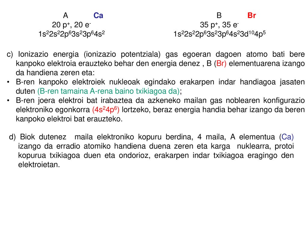 A Ca 20 p+, 20 e- 1s22s22p63s23p64s2. B Br. 35 p+, 35 e- 1s22s22p63s23p64s23d104p5.