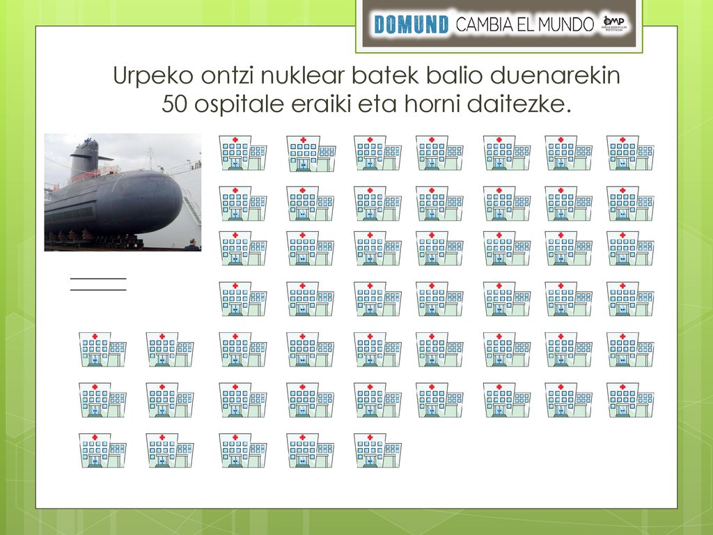 Urpeko ontzi nuklear batek balio duenarekin 50 ospitale eraiki eta horni daitezke.
