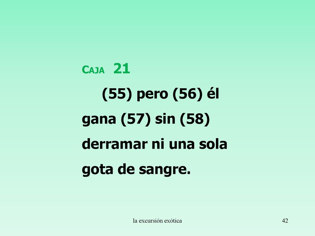 Caja 21 (55) pero (56) él gana (57) sin (58) derramar ni una sola gota de sangre.
