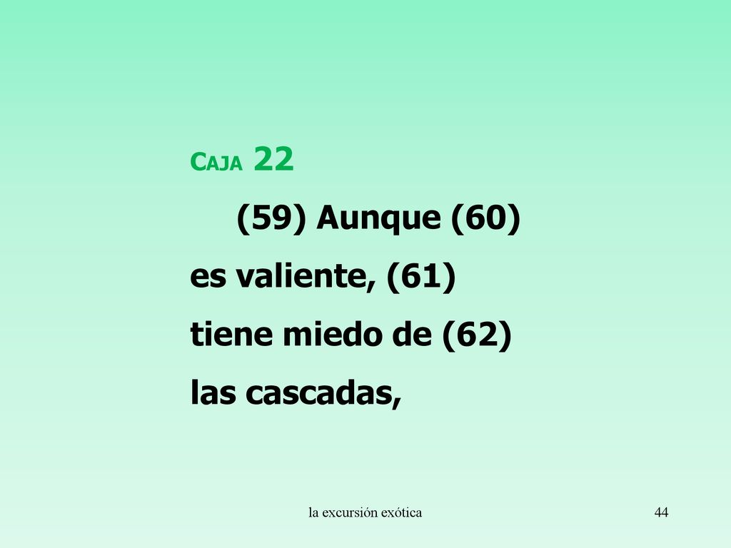 (59) Aunque (60) es valiente, (61) tiene miedo de (62) las cascadas,