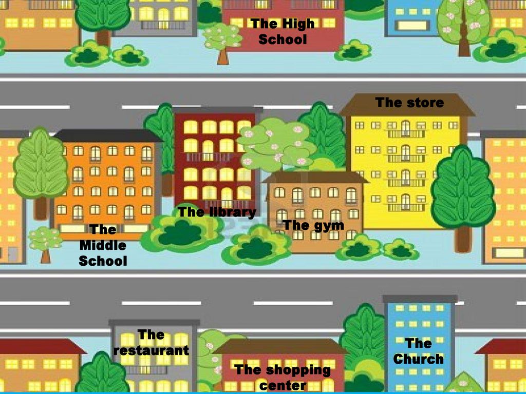 The High School The store. The library. The gym. The Middle School. The restaurant. The Church.
