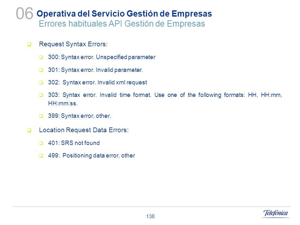 06 Operativa del Servicio Gestión de Empresas Errores habituales API Gestión de Empresas. Request Syntax Errors:
