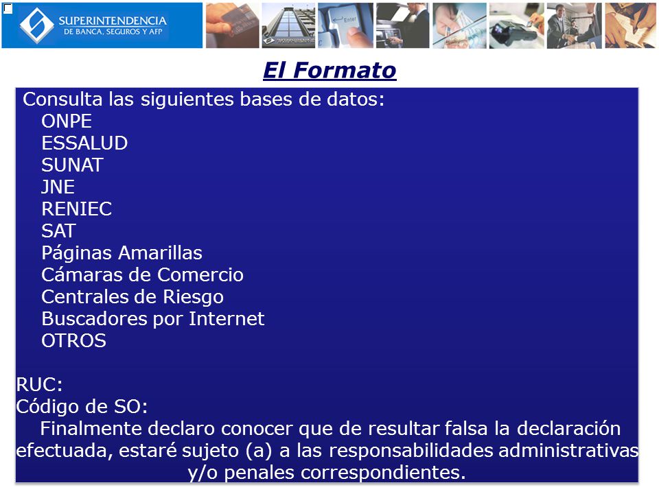 El Formato Consulta las siguientes bases de datos: ONPE ESSALUD SUNAT