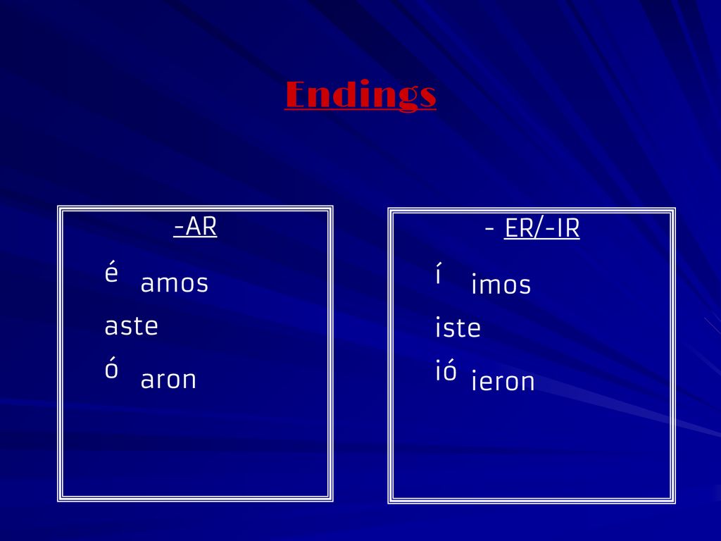 Endings -AR é amos aste ó aron ER/-IR í imos iste ió ieron