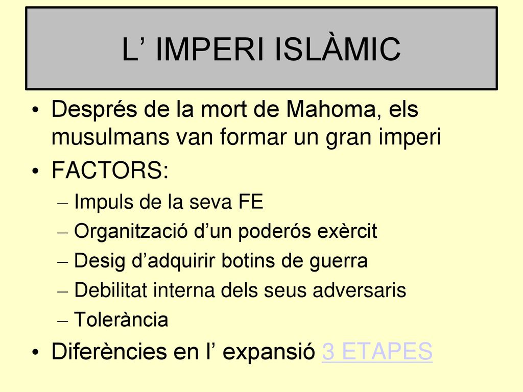 L’ IMPERI ISLÀMIC Després de la mort de Mahoma, els musulmans van formar un gran imperi. FACTORS: