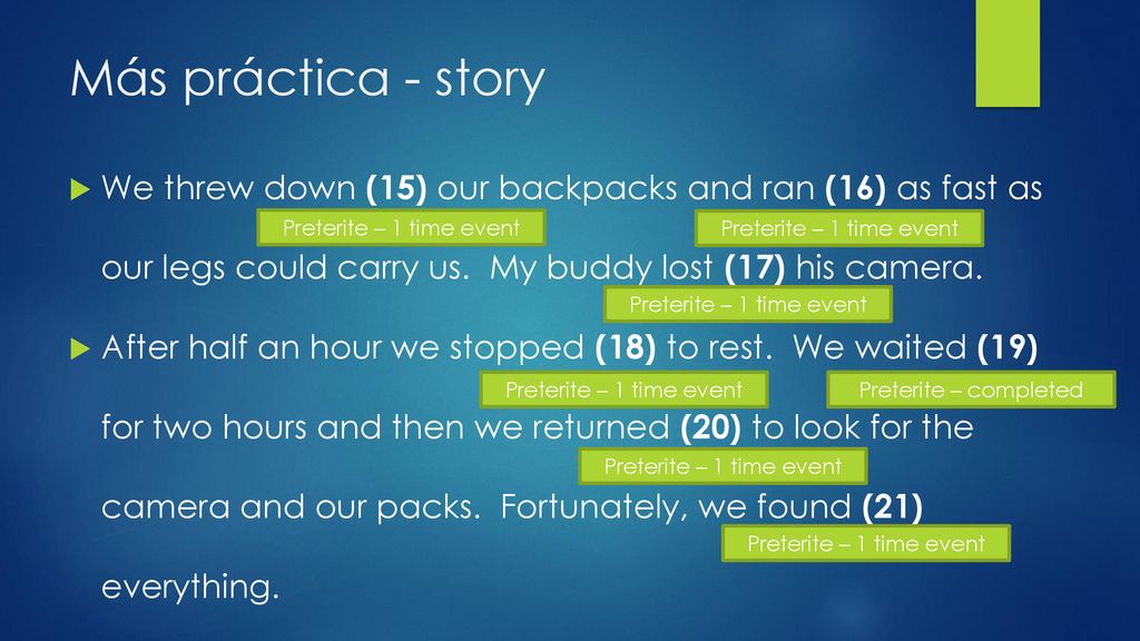 Más práctica - story We threw down (15) our backpacks and ran (16) as fast as our legs could carry us. My buddy lost (17) his camera.