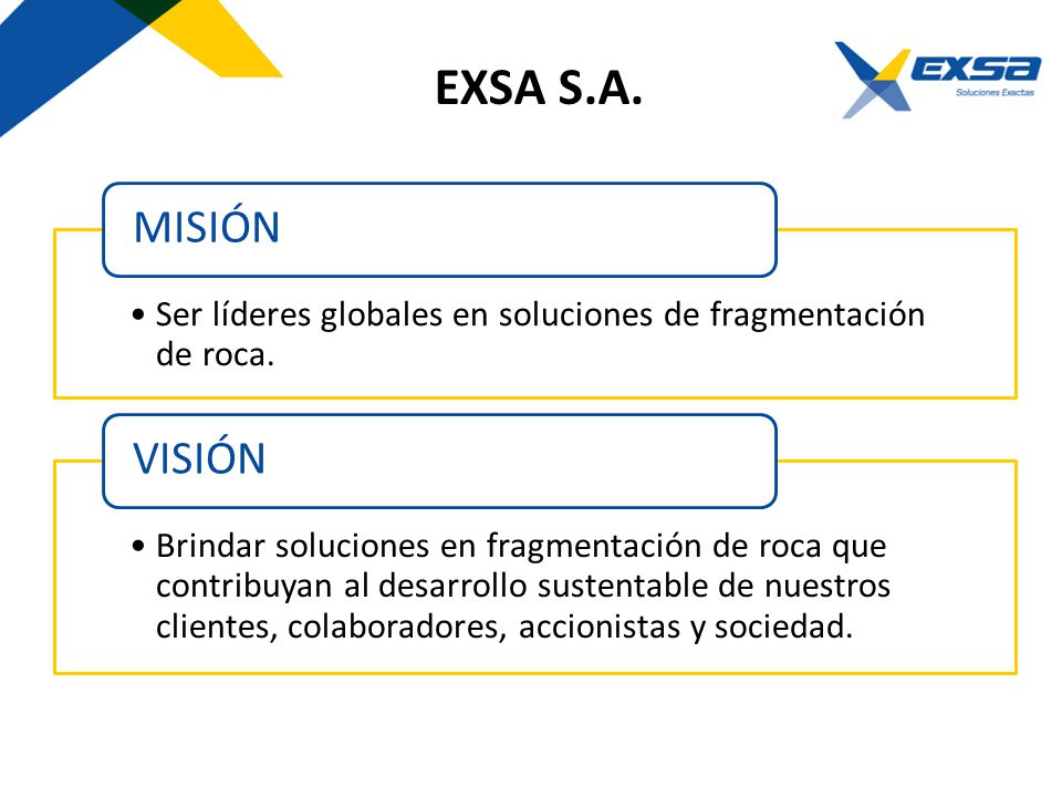 EXSA S.A. MISIÓN. Ser líderes globales en soluciones de fragmentación de roca. VISIÓN.
