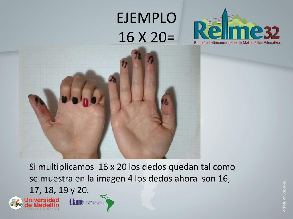 EJEMPLO 16 X 20= Si multiplicamos 16 x 20 los dedos quedan tal como se muestra en la imagen 4 los dedos ahora son 16, 17, 18, 19 y 20.