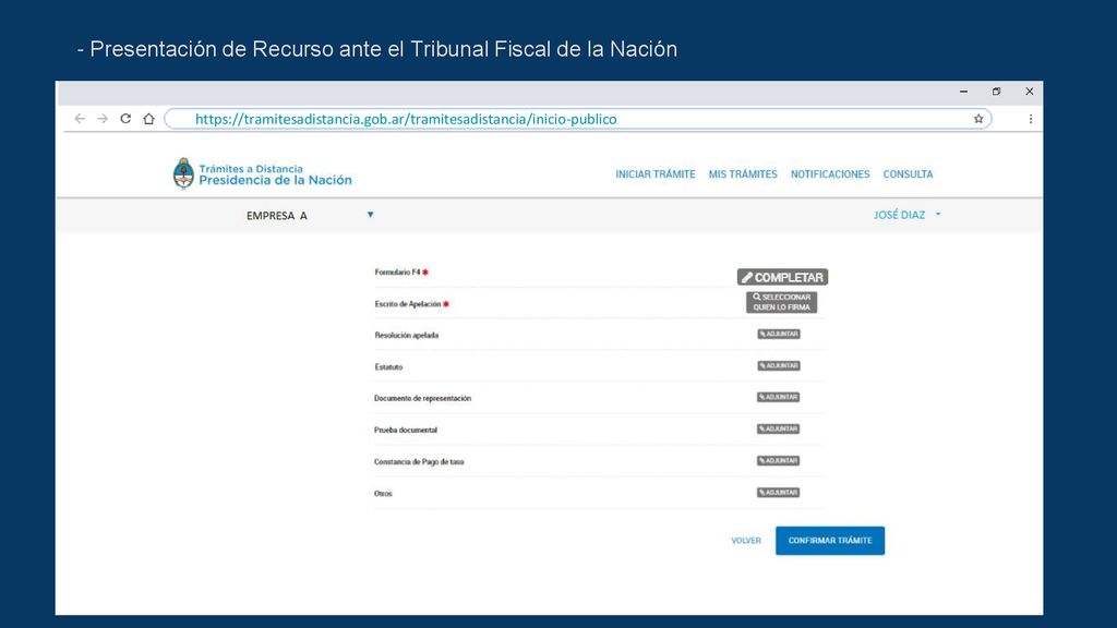 - Presentación de Recurso ante el Tribunal Fiscal de la Nación