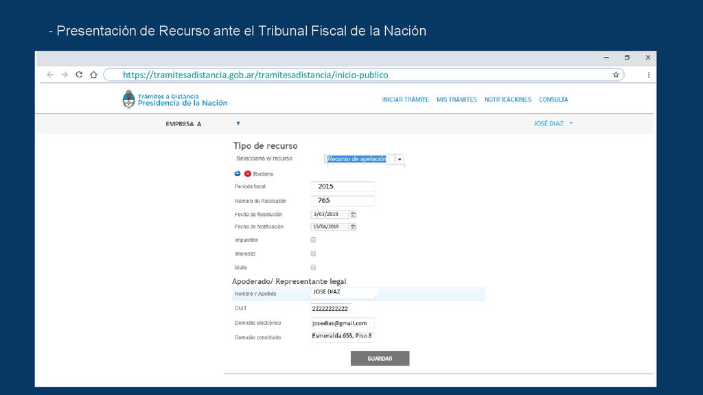 - Presentación de Recurso ante el Tribunal Fiscal de la Nación