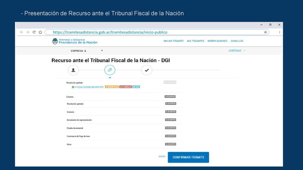 - Presentación de Recurso ante el Tribunal Fiscal de la Nación