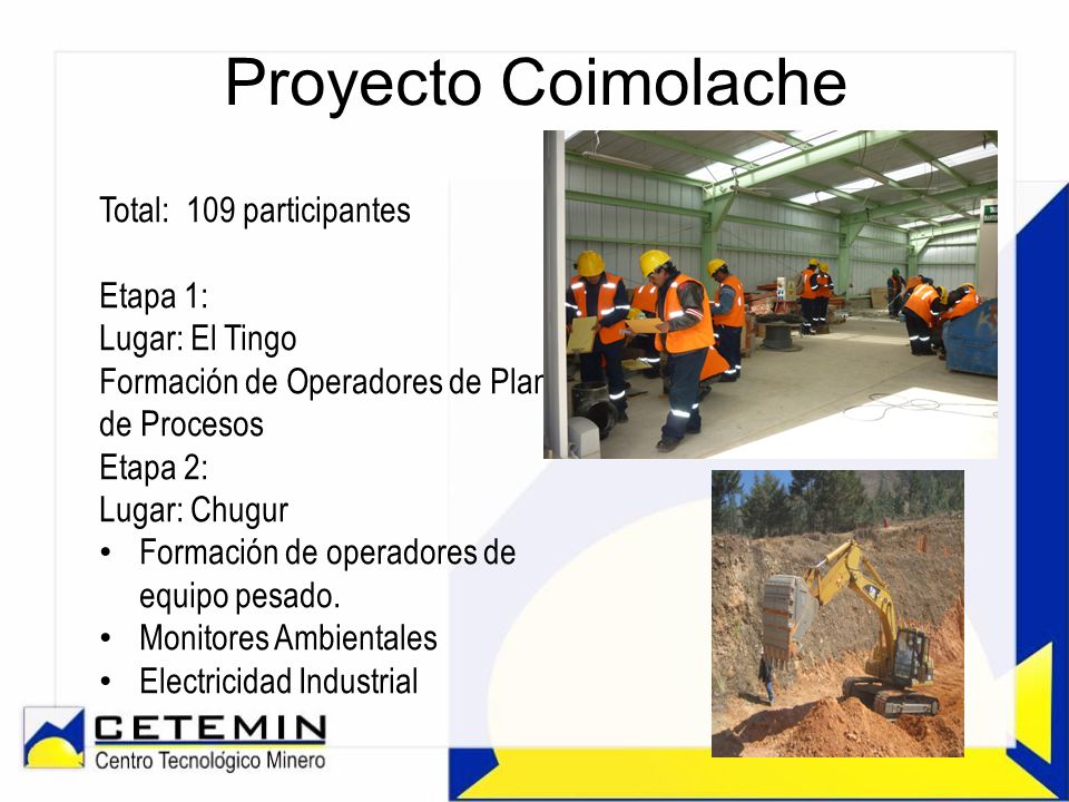 Proyecto Coimolache Total: 109 participantes Etapa 1: Lugar: El Tingo