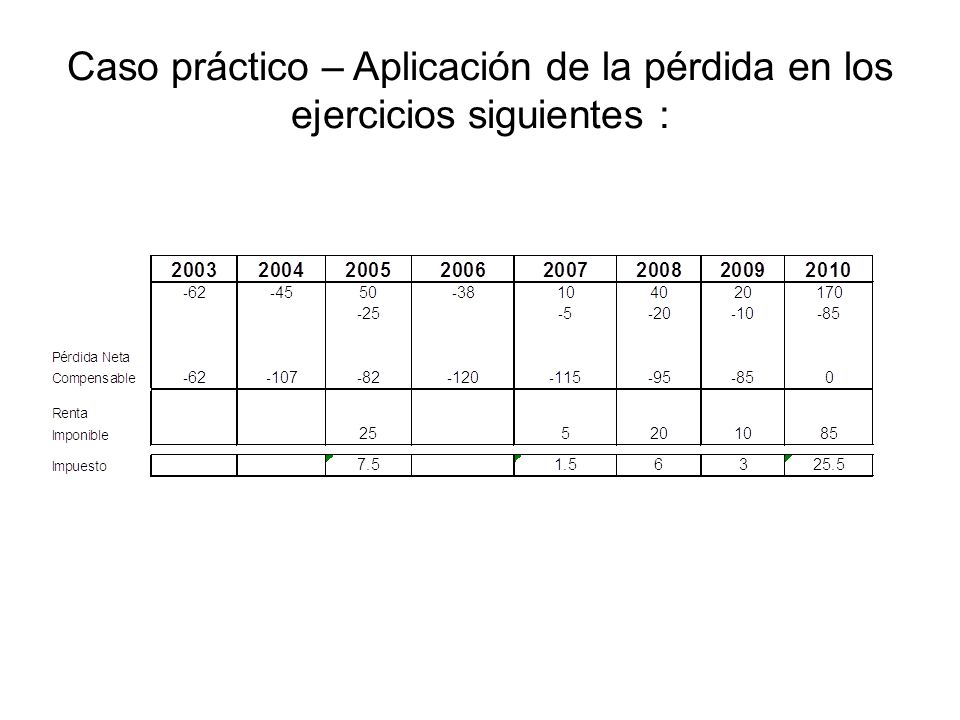 Caso práctico – Aplicación de la pérdida en los ejercicios siguientes :
