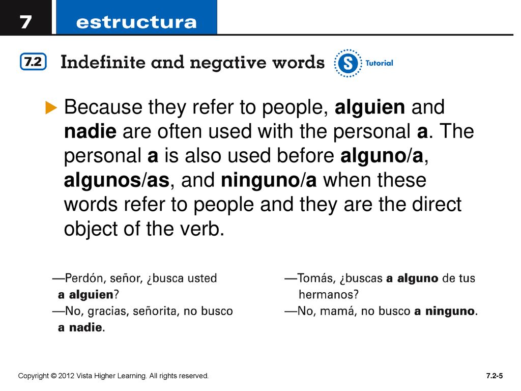 Because they refer to people, alguien and nadie are often used with the personal a. The personal a is also used before alguno/a, algunos/as, and ninguno/a when these words refer to people and they are the direct object of the verb.