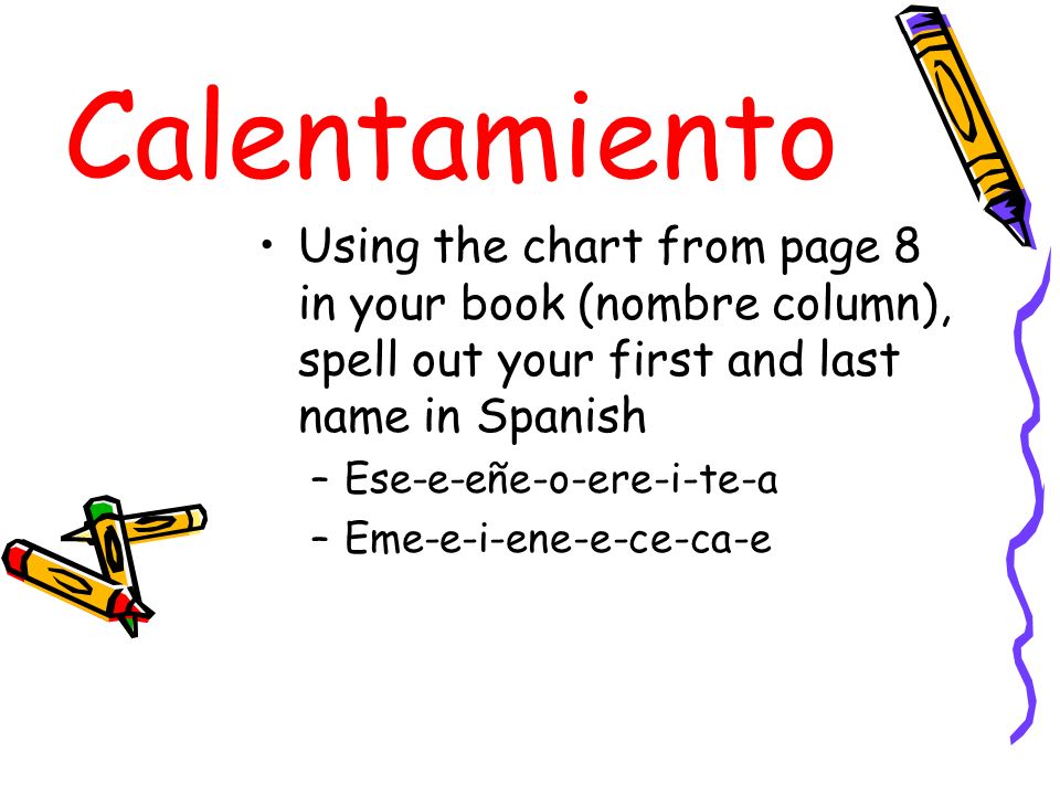 Calentamiento Using the chart from page 8 in your book (nombre column), spell out your first and last name in Spanish.