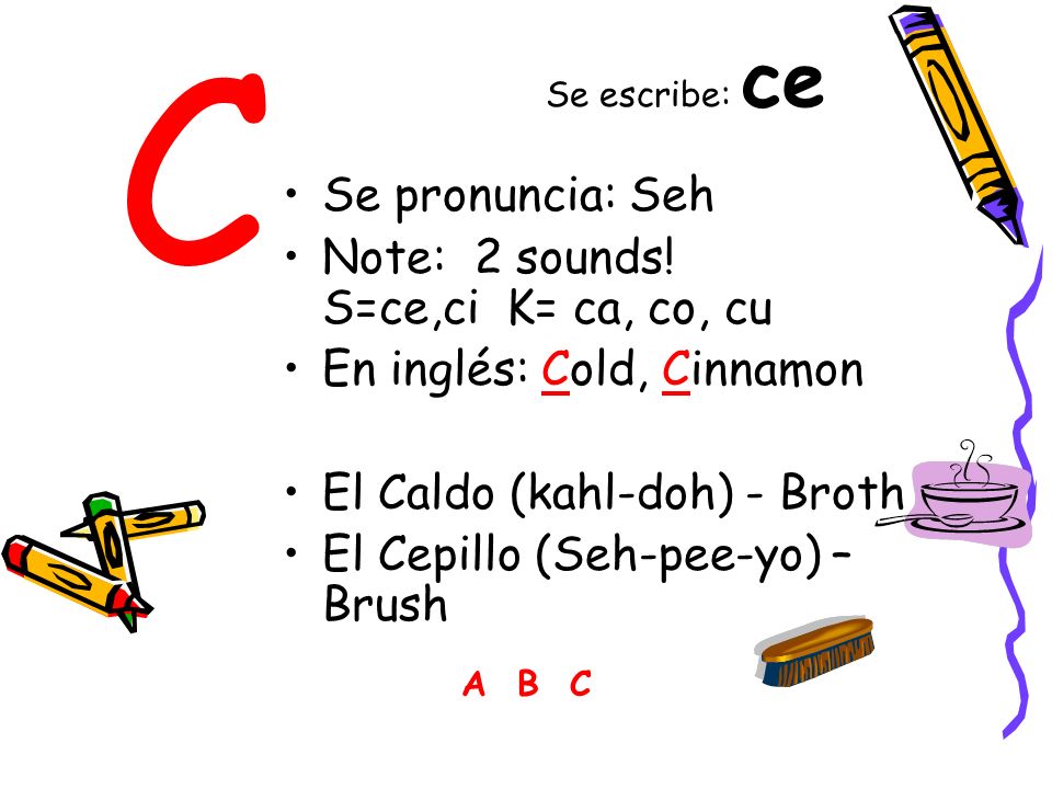 C Se pronuncia: Seh Note: 2 sounds! S=ce,ci K= ca, co, cu